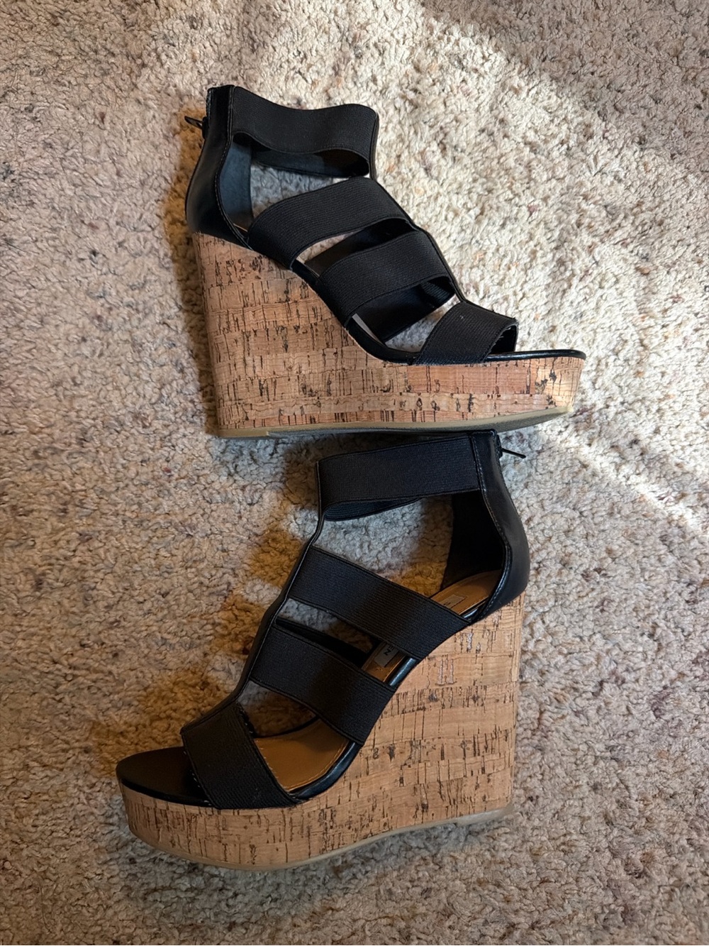 Steve Madden Black Strappy Cork Wedge Sandals with Back Zip
